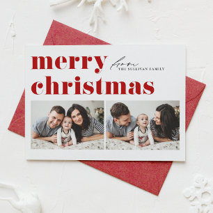 Red Retro Typography Merry Christmas Two Photo Holiday Card