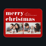 Red Retro Typography Merry Christmas Two Photo Magnet<br><div class="desc">Merry Christmas! Bring a touch of holiday cheer to your home with our Customisable Photo Christmas Magnet! Perfect for displaying cherished memories, this magnet allows you to personalise it with your favourite festive photo, making it a unique addition to your holiday decor. It features retro bold typography. Personalise by adding...</div>