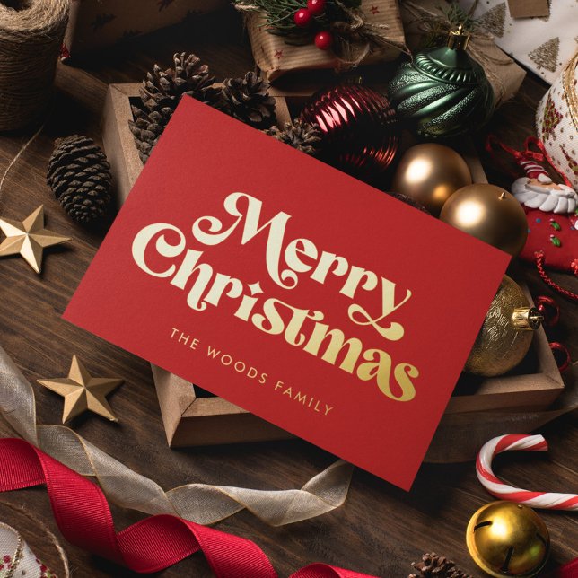 Red Retro Vintage Font Merry Christmas Foil Holiday Card (Creator Uploaded)