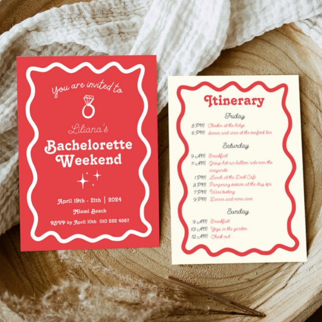 Red Retro Wave Bachelorette Weekend Itinerary Invitation (Creator Uploaded)