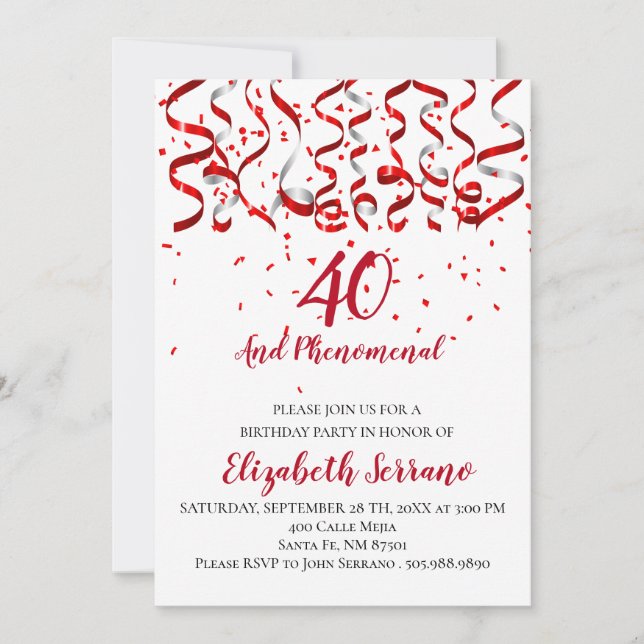 Red Ribbon And Confetti 40th Birthday Party Invitation (Front)