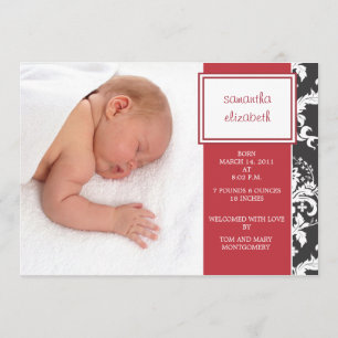 Red Ribbon and Damask Birth Announcement