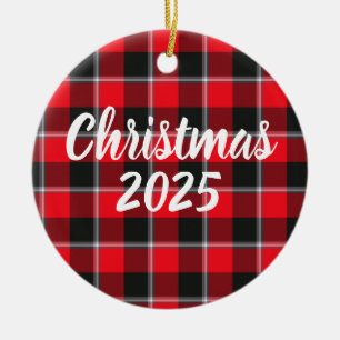 Red Ribbon and Heavy Metal Plaid Ceramic Ornament