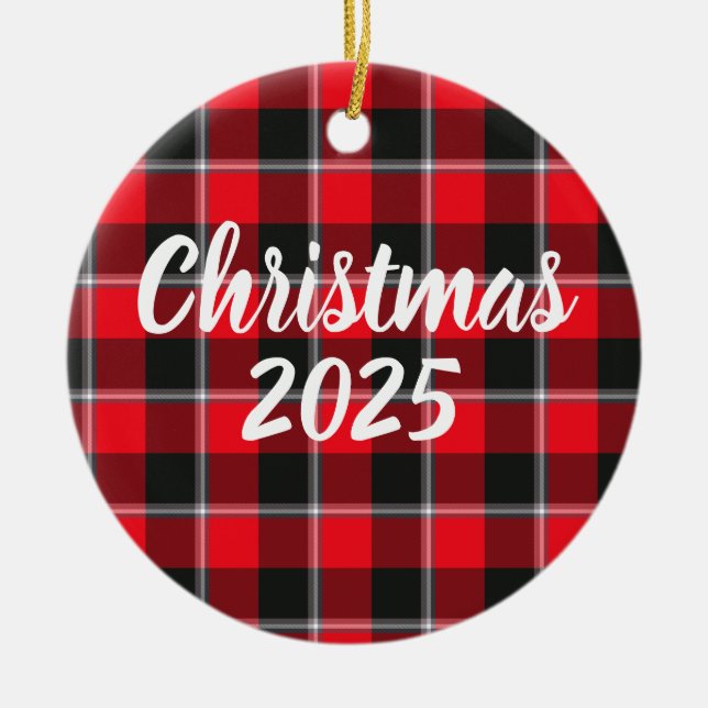 Red Ribbon and Heavy Metal Plaid Ceramic Ornament (Front)