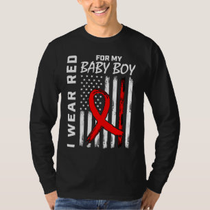 Red Ribbon Baby Boy Son Heart Disease Awareness Fl T-Shirt