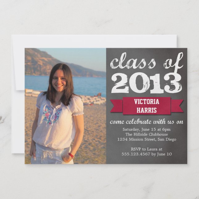 Red ribbon banner chalkboard photo graduation invitation (Front)