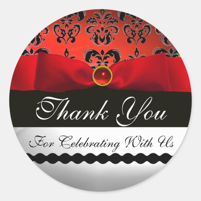 RED RIBBON  BLACK & WHITE DAMASK Thank You Classic Round Sticker (Front)