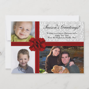 Red Ribbon Bow, 3-Photo Holiday Greeting Card