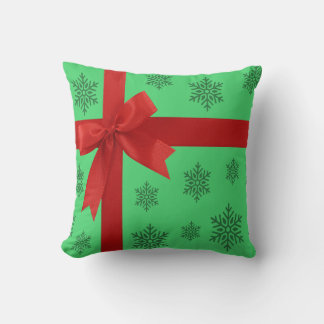 Red Ribbon Bow Green Christmas Snowflakes Cushion