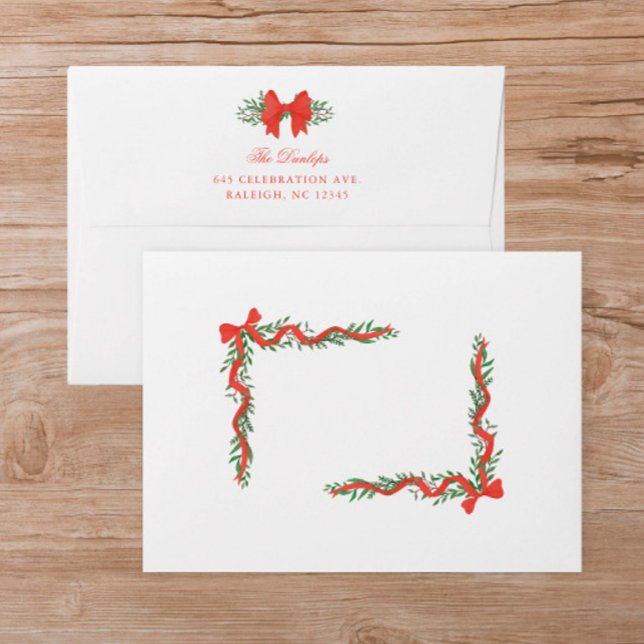 Red Ribbon Bow Greenery Christmas Card Envelope (Elegant hand-painted red ribbons with bows and greenery Christmas holiday card envelopes.)