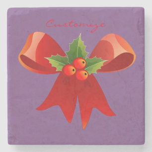 Red Ribbon Bow Holly Thunder_Cove Stone Coaster
