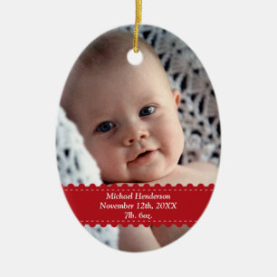 Red ribbon custom photo baby child birth statistic ceramic tree decoration