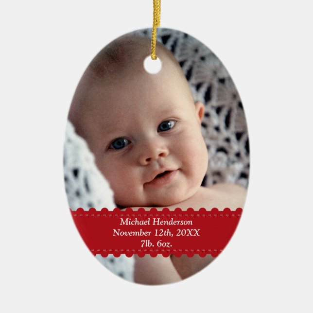 Red ribbon custom photo baby child birth statistic ceramic tree decoration (Front)