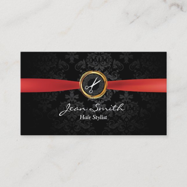Red Ribbon Dark Damask Hair Stylist Business Card (Front)