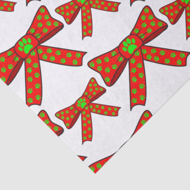 Red Ribbon Dog Paw Prints In Green Christmas Tissue Paper (Detail)