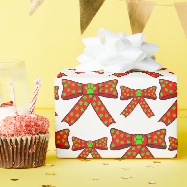 Red Ribbon Dog Paw Prints In Green Christmas Wrapping Paper (Birthday Party)