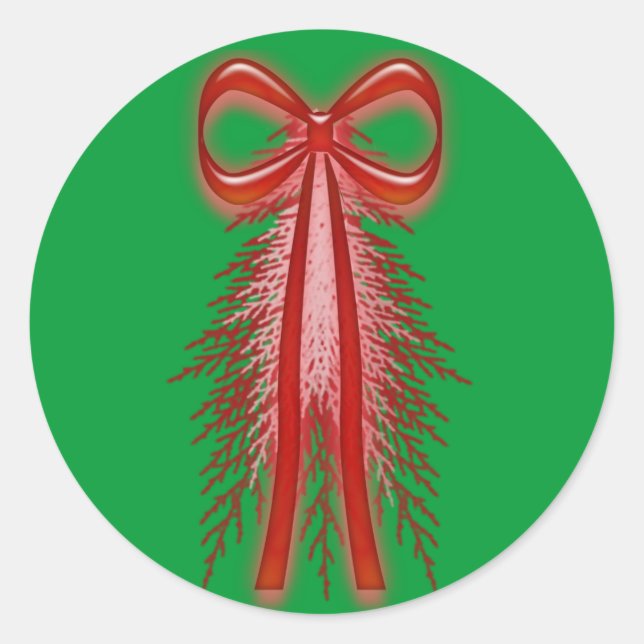 Red Ribbon Evergreen Holiday Envelope Stickers (Front)