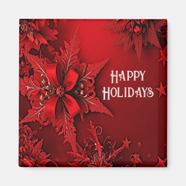 Red Ribbon Floral Holiday Christmas Magnet (Front)
