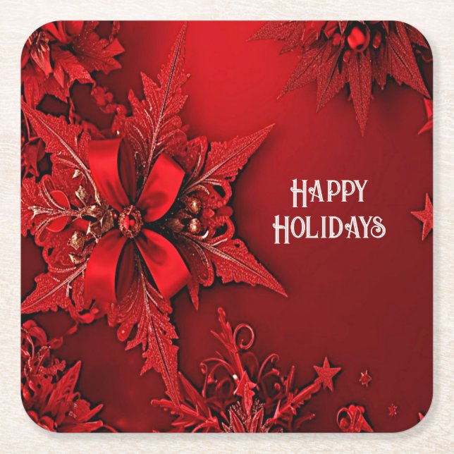 Red Ribbon Floral Holiday Christmas  Paper Coaster (Front)