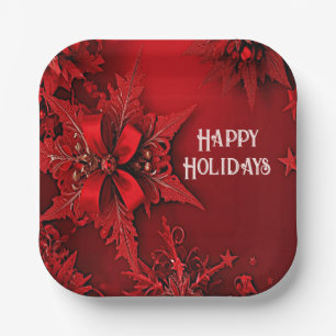 Red Ribbon Floral Holiday Christmas Paper Plate