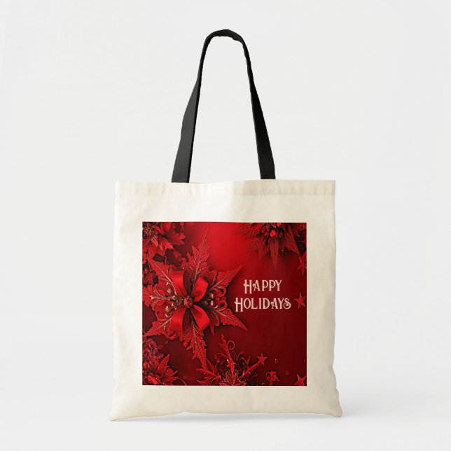 Red Ribbon Floral Holiday Christmas Tote Bag (Front)