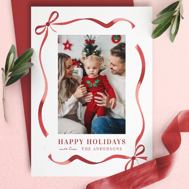 Red Ribbon Frame Happy Holidays Photo Holiday Card (Creator Uploaded)