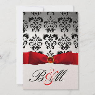 RED RIBBON GOLD BLACK DAMASK MONOGRAM INVITATION