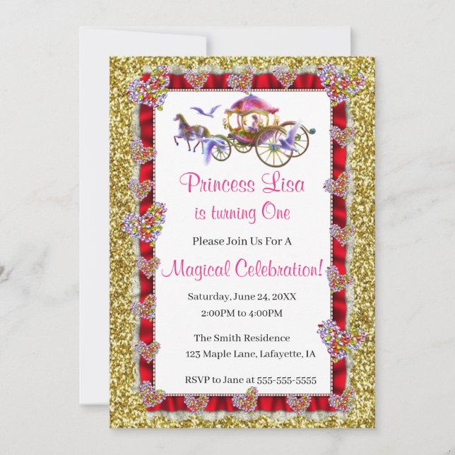 Red Ribbon Gold Glitter Royal Princess Birthday Invitation (Front)