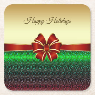 Red Ribbon Gold Holiday Paper Coaster