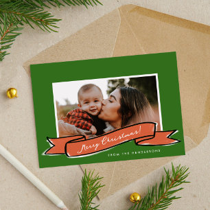 Red Ribbon Green Christmas Photo Flat Holiday Card