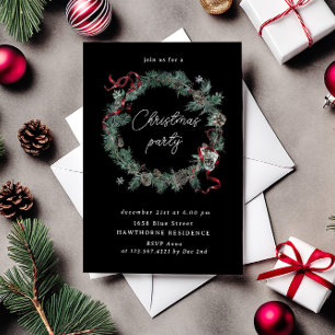 Red Ribbon Greenery Wreath Christmas Party Invitation