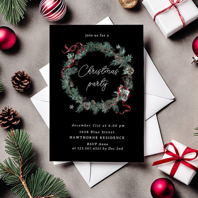 Red Ribbon Greenery Wreath Christmas Party Invitation (Creator Uploaded)