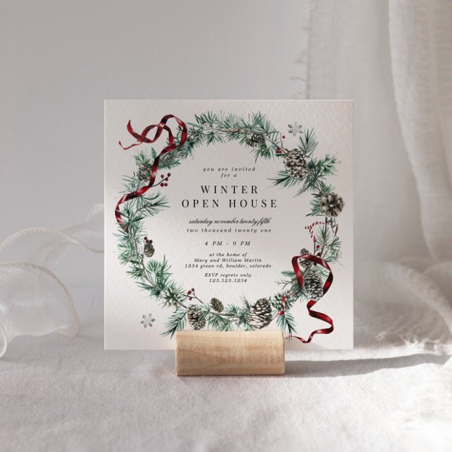Red Ribbon Greenery Wreath Square Open House Invitation (Creator Uploaded)