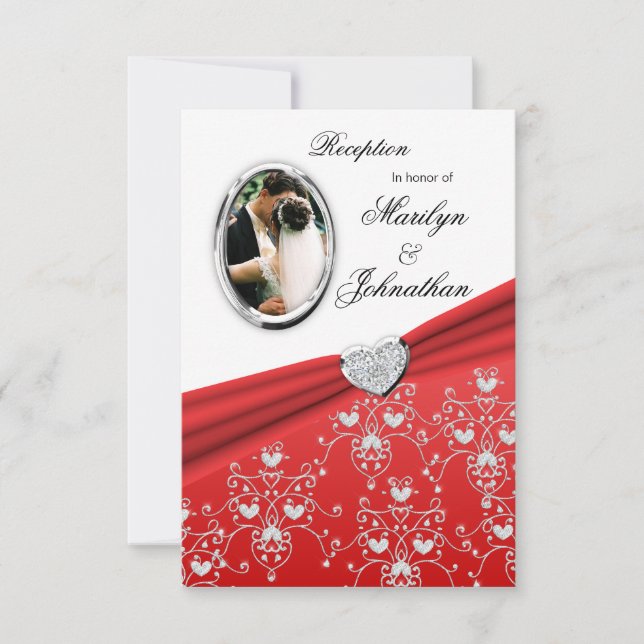 Red Ribbon Heart Damask  Reception Invitations (Front)