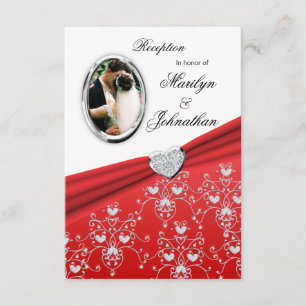 Red Ribbon Heart Damask Reception Invitations