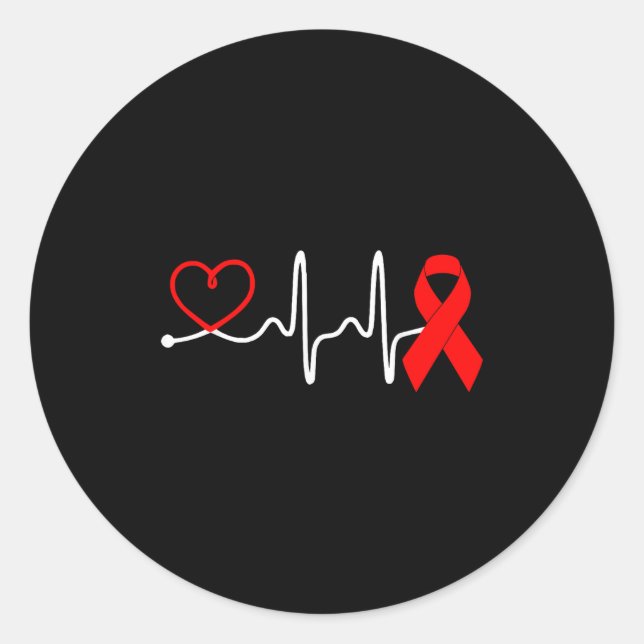 Red Ribbon Heartbeat Design For Heart Disease Awar Classic Round Sticker (Front)