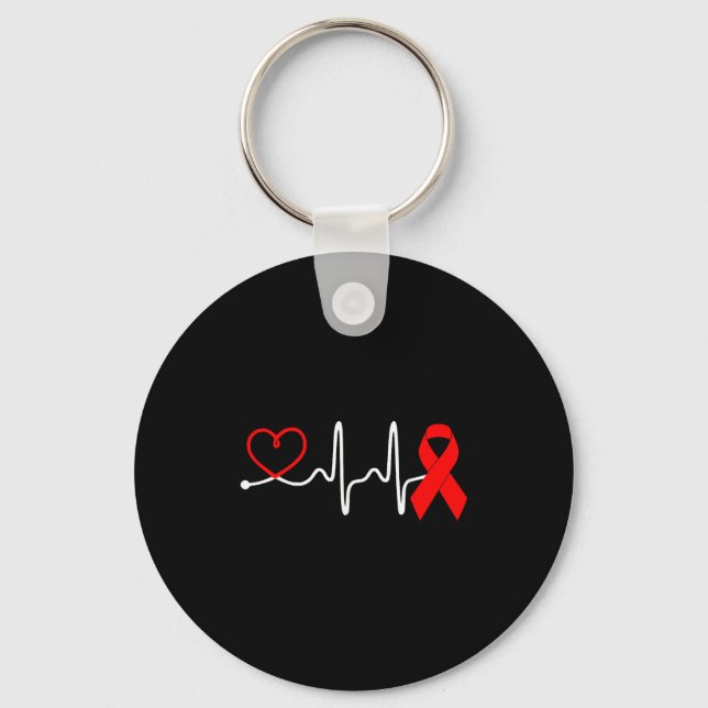 Red Ribbon Heartbeat Design For Heart Disease Awar Key Ring (Front)