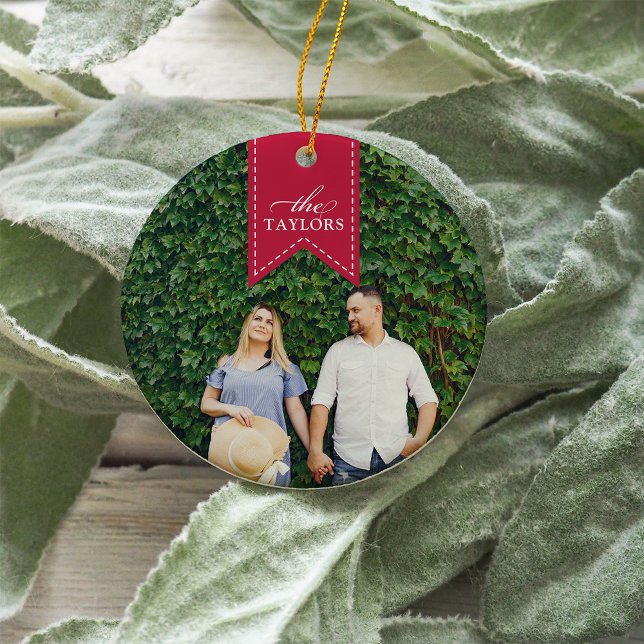 Red Ribbon | Holiday Photo Ceramic Ornament (Creator Uploaded)