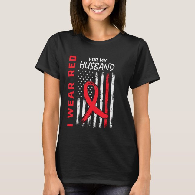 Red Ribbon Husband Heart Disease Awareness Product T-Shirt (Front)