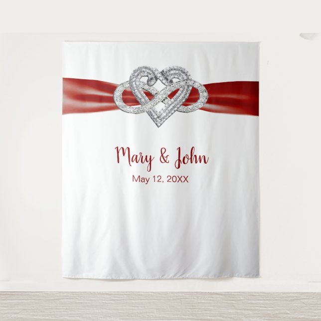 Red Ribbon Infinity Heart Wedding Backdrop Tapestry (Front)