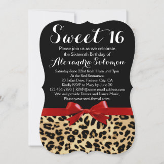 Red Ribbon Leopard Print Bow Sweet 16th Birthday Invitation