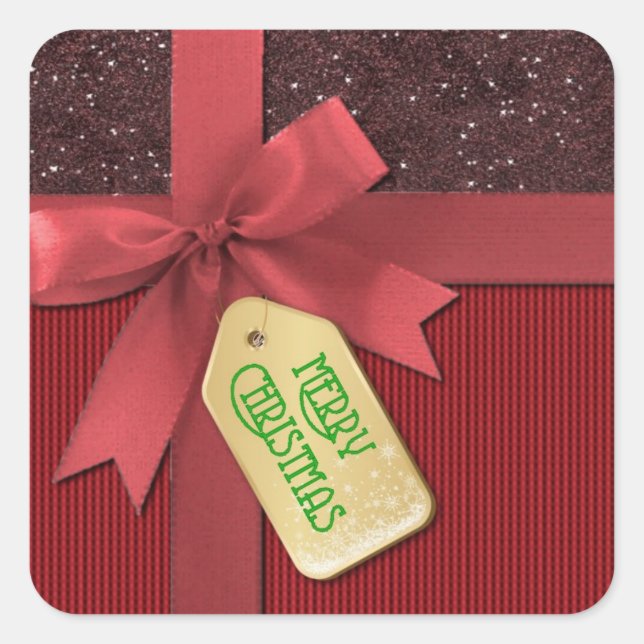 Red Ribbon Merry Christmas Gift Square Sticker (Front)