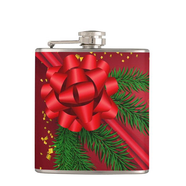 Red Ribbon Mural Flask (A large glossy red bow at its center surrounding the bow are lush green pine branches!)