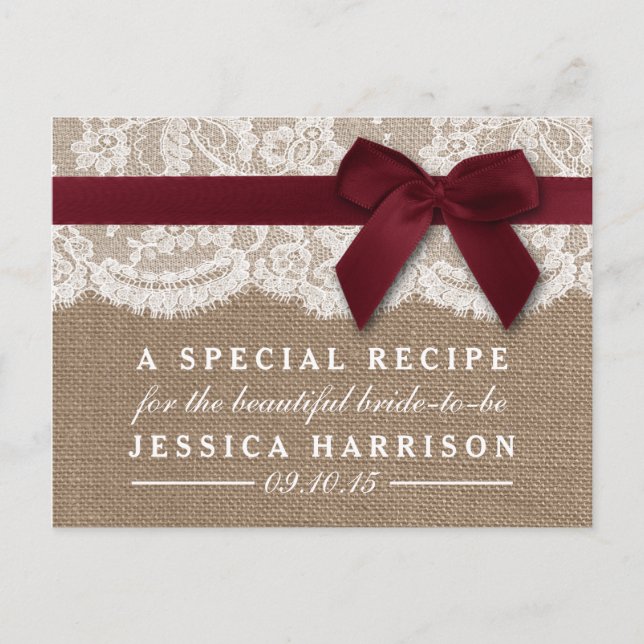 Red Ribbon On Burlap & Lace Bridal Shower Recipe Invitation Postcard (Front)