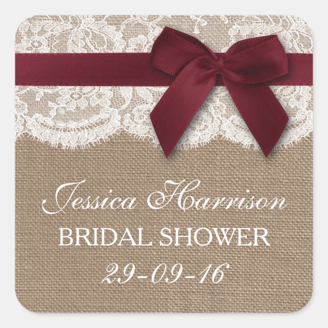 Red Ribbon On Burlap & Lace Bridal Shower Square Sticker (Front)