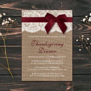 Red Ribbon On Burlap & Lace Thanksgiving Dinner Invitation