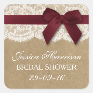 Red Ribbon On Kraft & Lace Bridal Shower Square Sticker