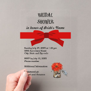 Red Ribbon Orange Flower in Jar Bridal Shower Acrylic Invitations