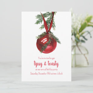 Red Ribbon Ornament Tipsy & Toasty Party Holiday Card