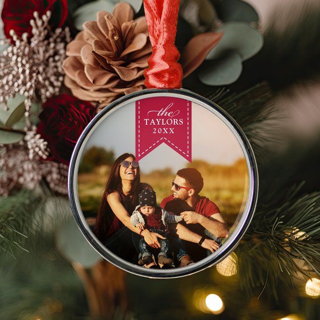 Red Ribbon | Personalised Name & Year Photo Metal Ornament (Creator Uploaded)